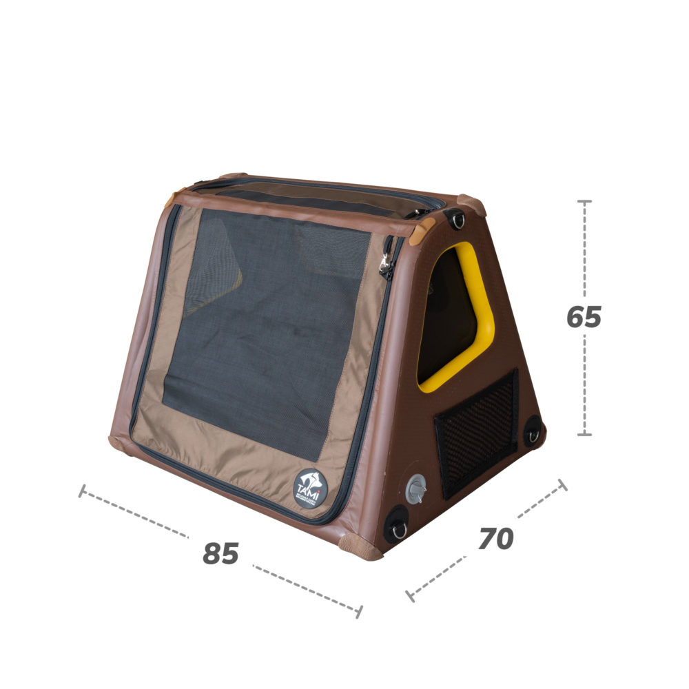 Kufer dla psa TAMI hatchback special i jego szczegółowe wymiary (szerokość x głębokość x wysokość).