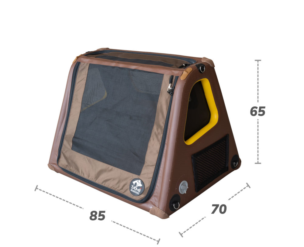 Специальный багажник TAMI для собак в кузове хэтчбек и его размеры (ширина x глубина x высота) в деталях.