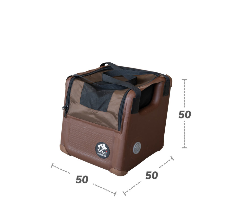 La caja para perros TAMI para el asiento del pasajero y sus dimensiones (ancho x fondo x alto) en detalle.
